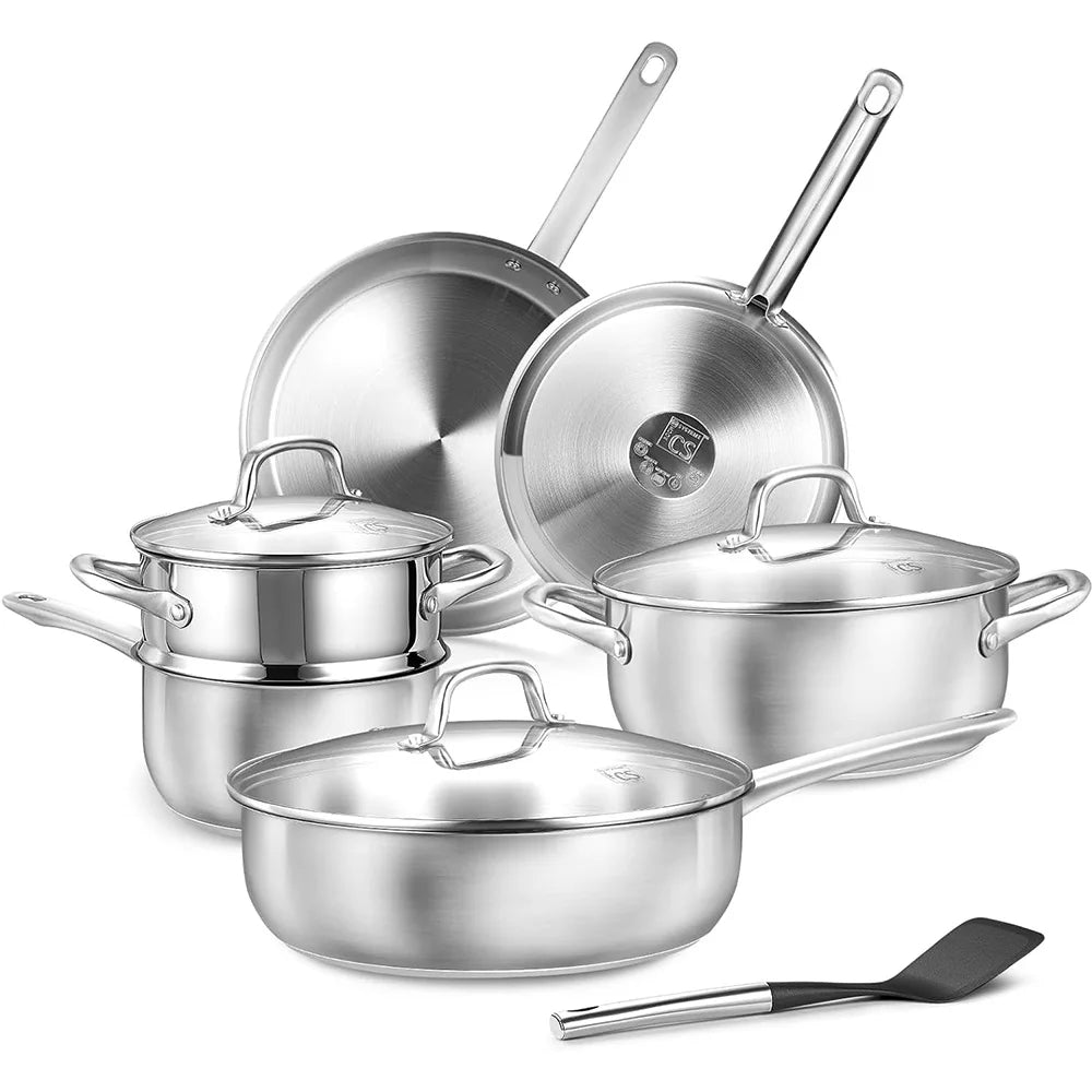 Stainless Steel Cookware Set 10pcs, All Stoves Compatible, Stainless Steel Saucepan Stockpot and Frying Pan, Oven Safe