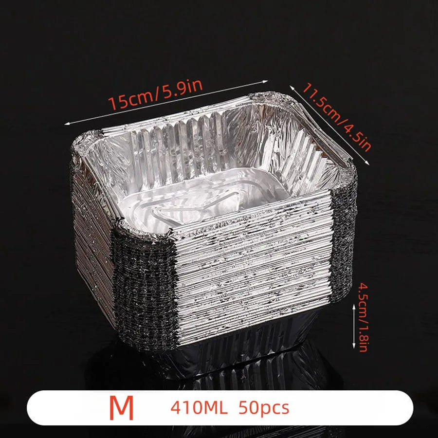 50pcs disposable aluminium foil, various sizes, tin pans are perfect for cooking, heating, storing and preparing food.