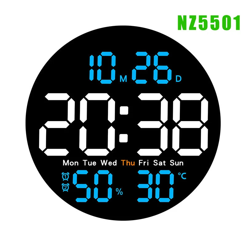 Remote Control LED Wall Clock with Dual Alarms,Calendar and Temperature Display for Home Decoration.Brightness Adjustable