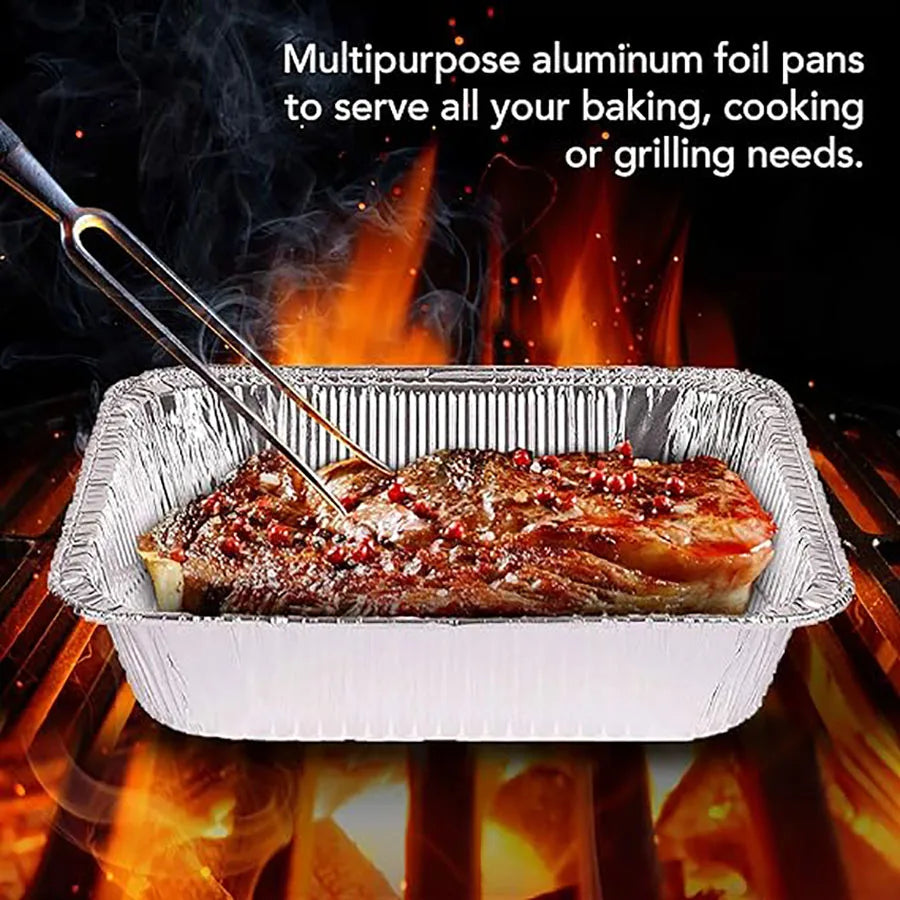 50pcs disposable aluminium foil, various sizes, tin pans are perfect for cooking, heating, storing and preparing food.