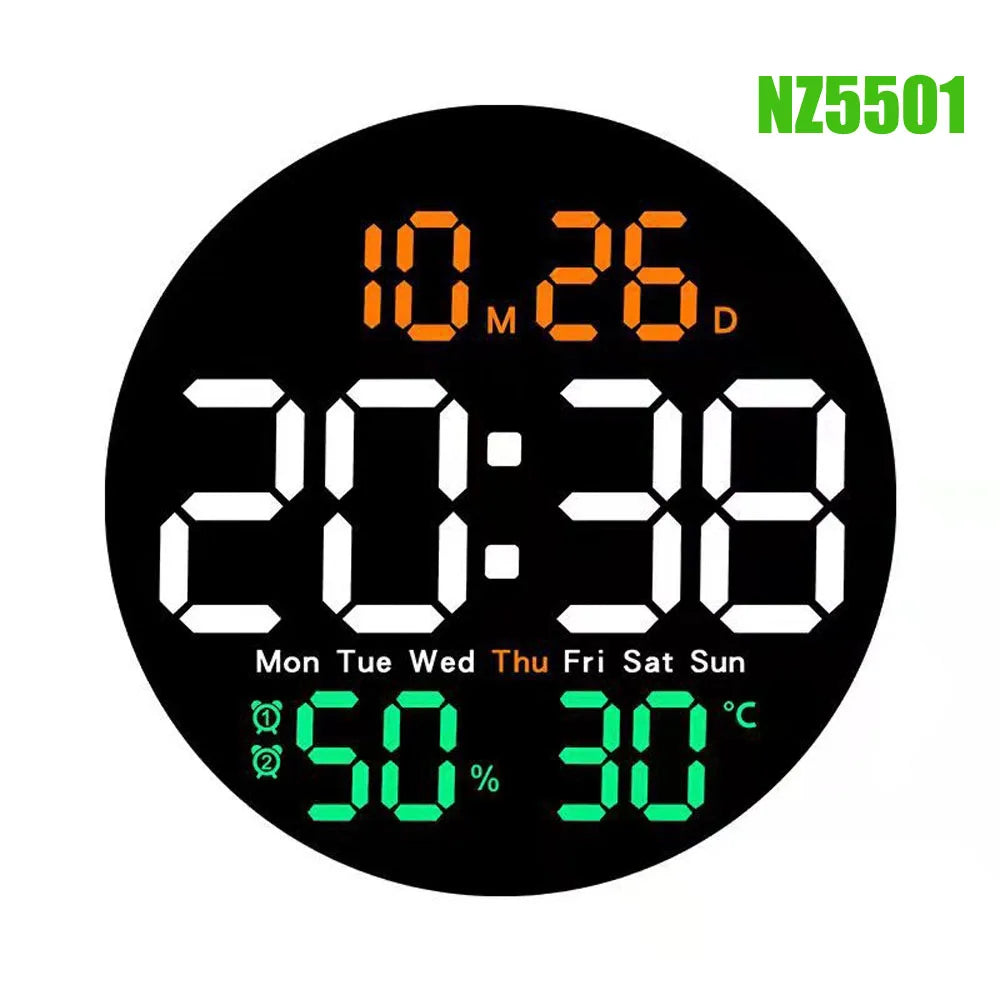 Remote Control LED Wall Clock with Dual Alarms,Calendar and Temperature Display for Home Decoration.Brightness Adjustable