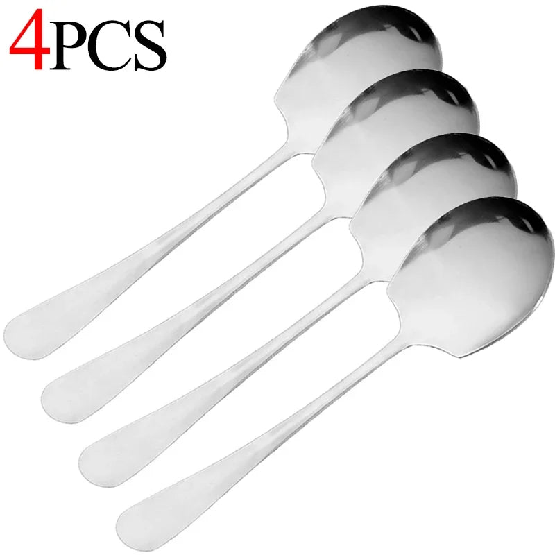 1/4pcs Large Stainless Steel Spoon Thicken Home Dinner Public Spoon Long Handle Soup Spoons Round Head Buffet Serving Tableware