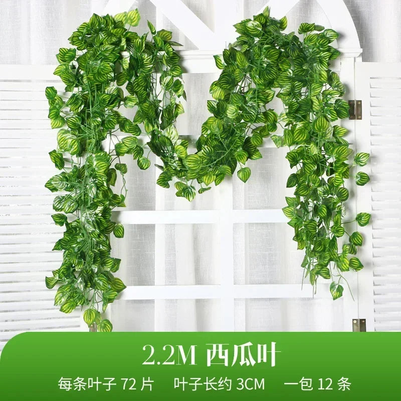 2.2M Artificial Plant Green Ivy Leaf Garland Silk Wall Hanging Vine Home Garden Decoration Wedding Party DIY Fake Wreath Leaves