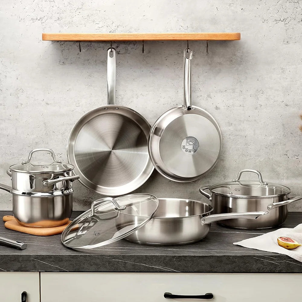 Stainless Steel Cookware Set 10pcs, All Stoves Compatible, Stainless Steel Saucepan Stockpot and Frying Pan, Oven Safe