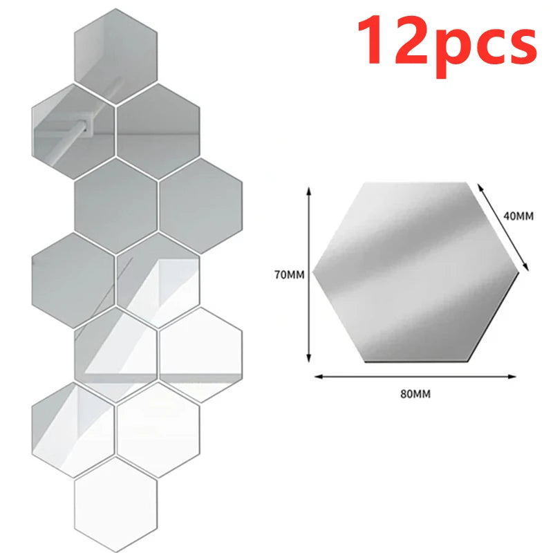 12/24Pcs 3D Hexagon Mirror Wall Stickers DIY Removable Self Adhesive Aesthetic Mosaic Tiles Decals Mirror Home Decoration