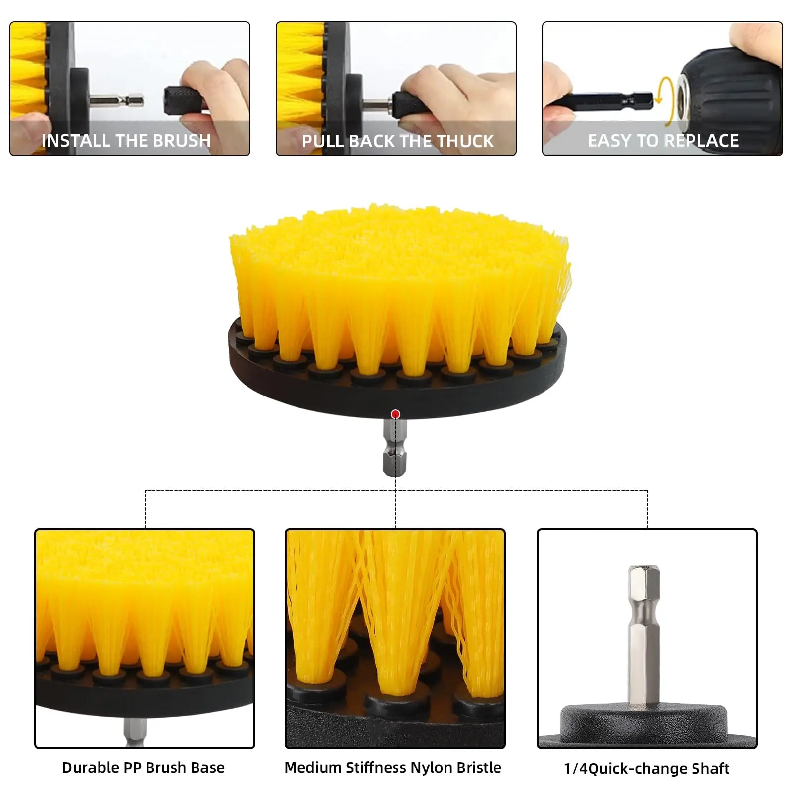 UNTIOR 6 Pcs 1/4inch Shank Drill Brush Bits Set Cleaning Kit Electric for Car Kitchen Tile Carpet Drill Brush Attachments