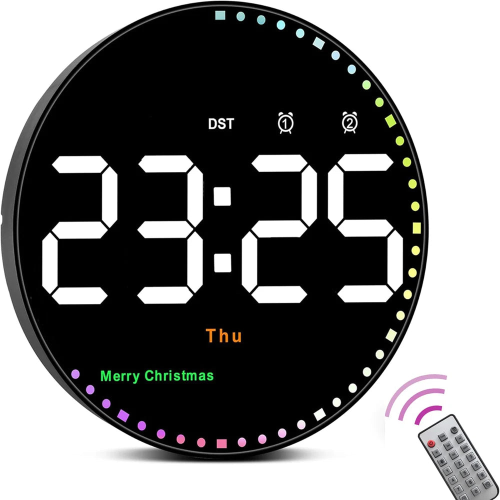 Remote Control LED Wall Clock with Dual Alarms,Calendar and Temperature Display for Home Decoration.Brightness Adjustable