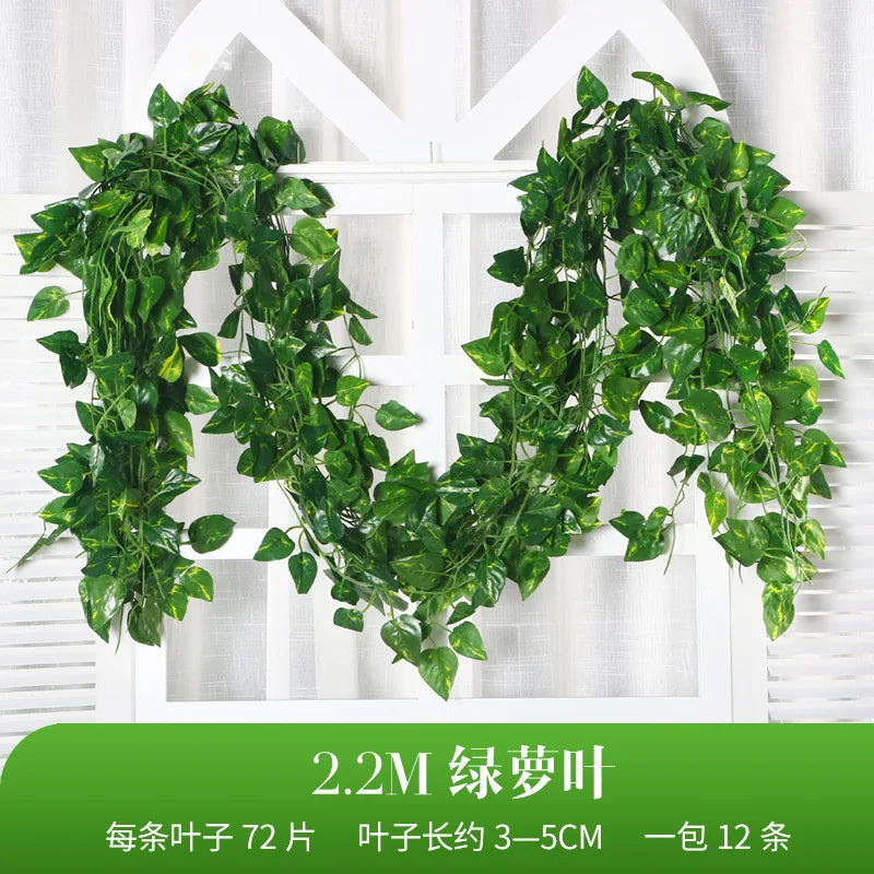 2.2M Artificial Plant Green Ivy Leaf Garland Silk Wall Hanging Vine Home Garden Decoration Wedding Party DIY Fake Wreath Leaves