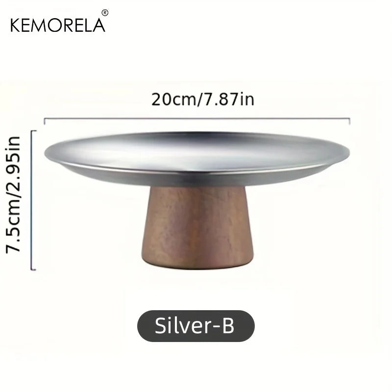 Stainless Steel Cake Tray Wooden Base Korean Style Fruit Display Plate Dessert Plate Dining Table Home Decoration Ornaments