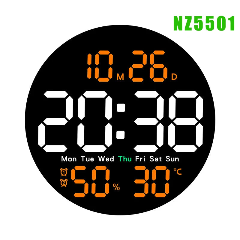 Remote Control LED Wall Clock with Dual Alarms,Calendar and Temperature Display for Home Decoration.Brightness Adjustable