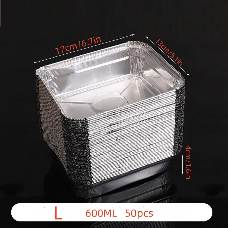 50pcs disposable aluminium foil, various sizes, tin pans are perfect for cooking, heating, storing and preparing food.