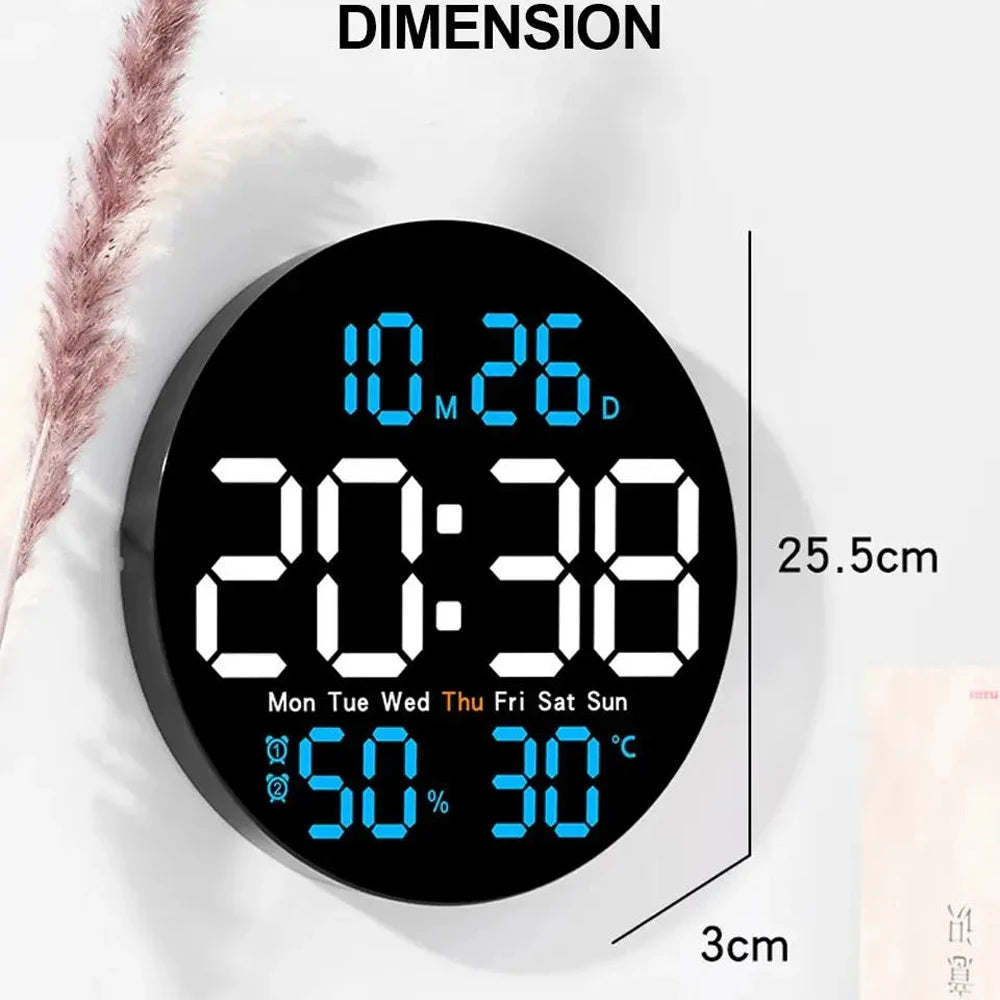 Remote Control LED Wall Clock with Dual Alarms,Calendar and Temperature Display for Home Decoration.Brightness Adjustable