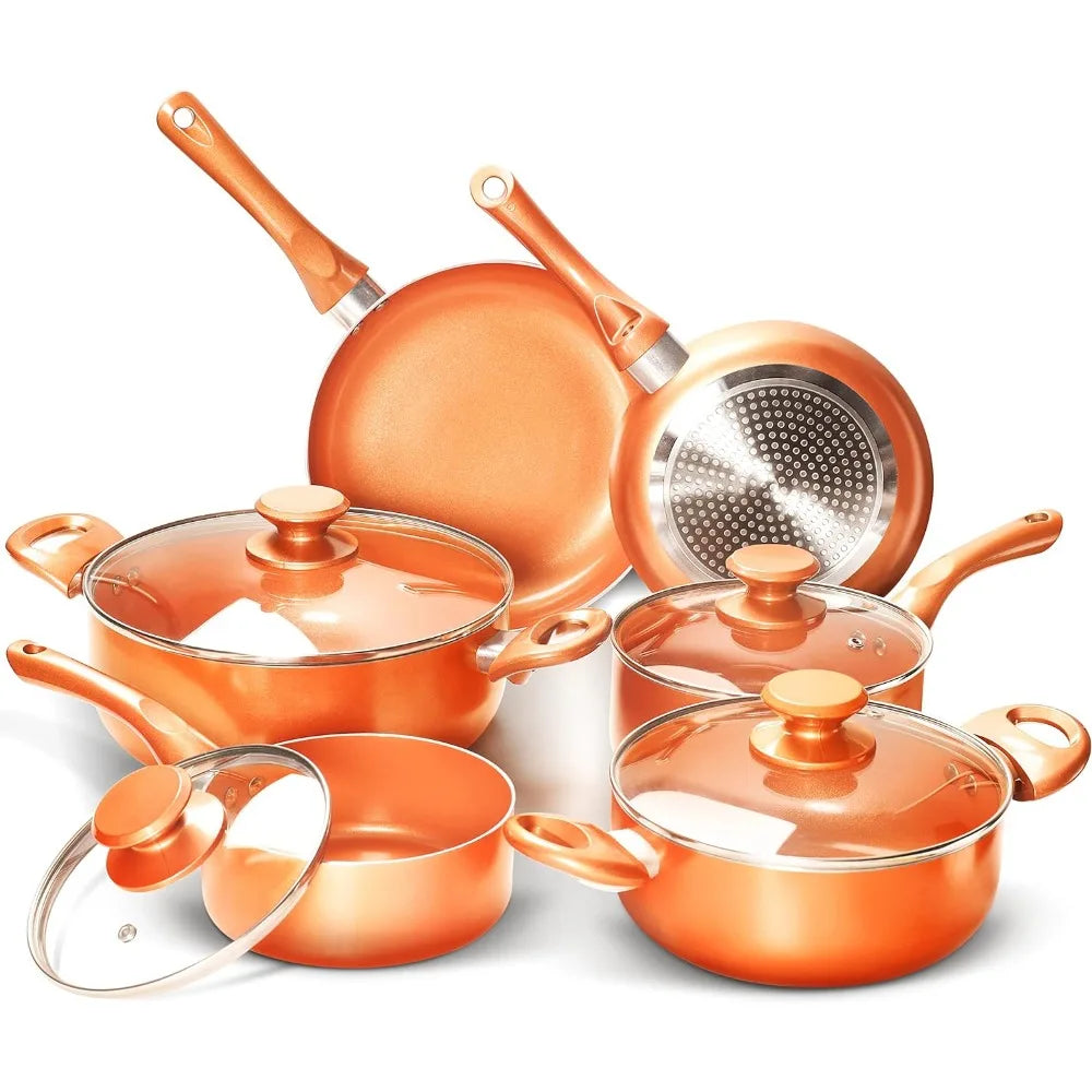 10pcs Cookware Set Ceramic Nonstick Soup Pot/Milk Pot/Frying Pans Set  Copper Aluminum Pan with Lid, Induction Gas Compatible