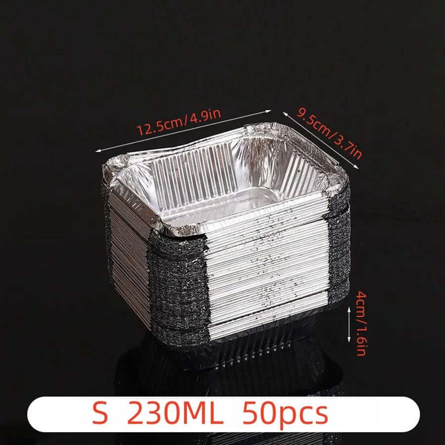 50pcs disposable aluminium foil, various sizes, tin pans are perfect for cooking, heating, storing and preparing food.