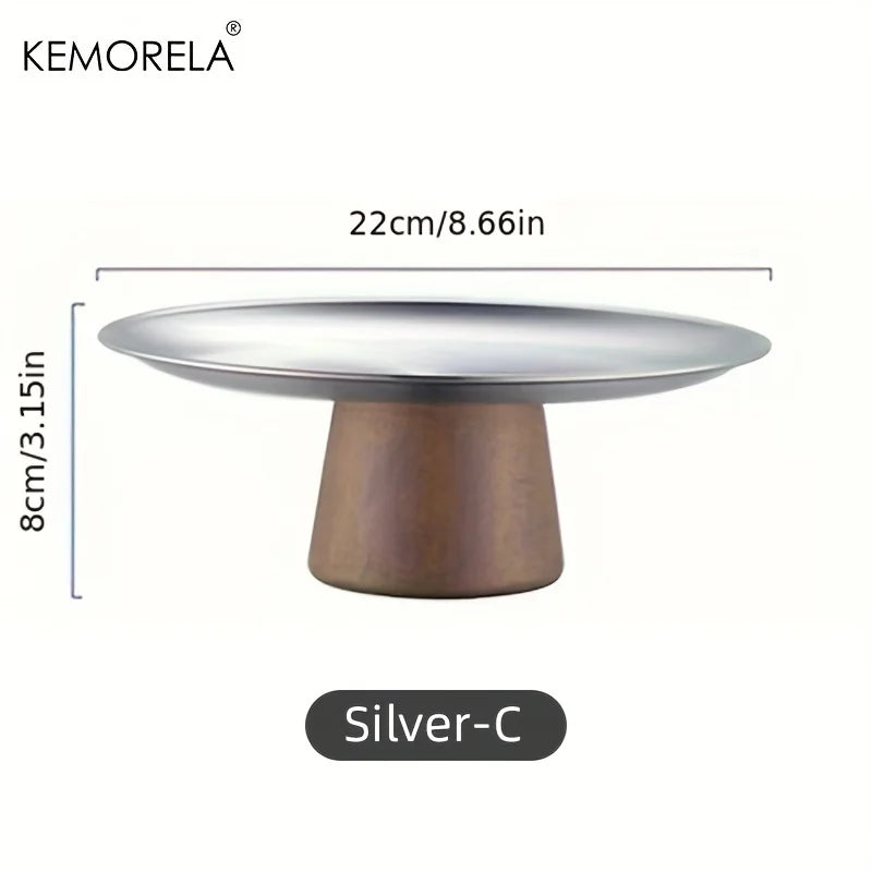 Stainless Steel Cake Tray Wooden Base Korean Style Fruit Display Plate Dessert Plate Dining Table Home Decoration Ornaments