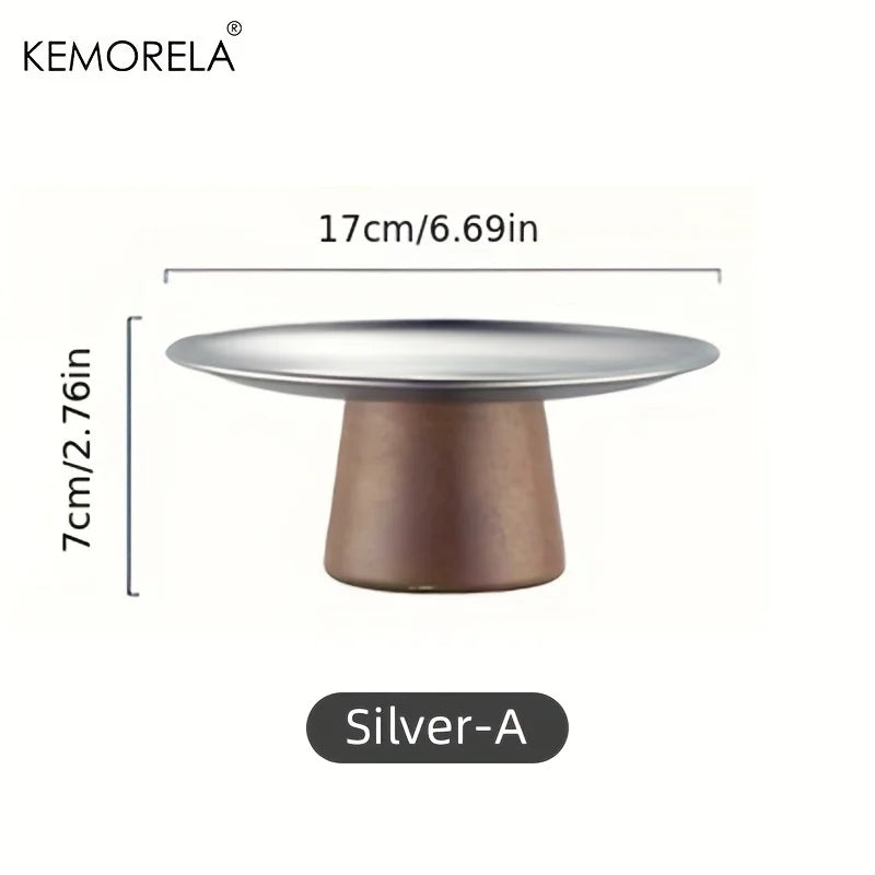 Stainless Steel Cake Tray Wooden Base Korean Style Fruit Display Plate Dessert Plate Dining Table Home Decoration Ornaments