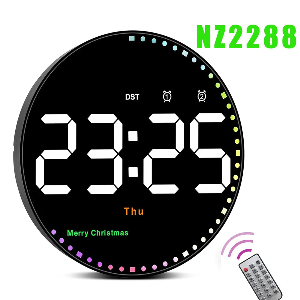 Remote Control LED Wall Clock with Dual Alarms,Calendar and Temperature Display for Home Decoration.Brightness Adjustable