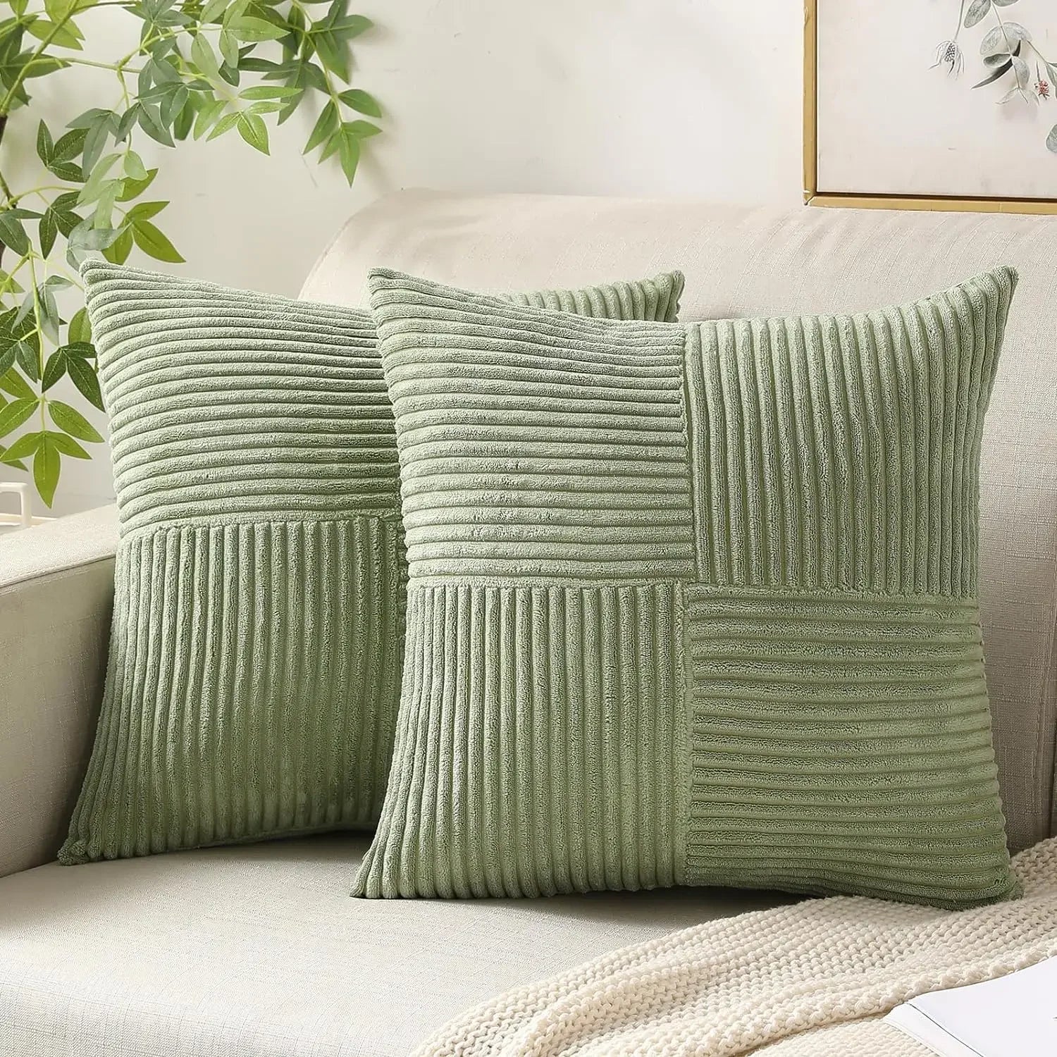 2PCS/Set Corduroy Striped Square Cushion Covers 45*45CM Soft Splicing Throw Pillow Covers for Couch Bed Chair Home Decor