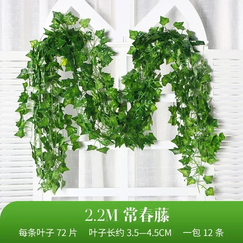 2.2M Artificial Plant Green Ivy Leaf Garland Silk Wall Hanging Vine Home Garden Decoration Wedding Party DIY Fake Wreath Leaves