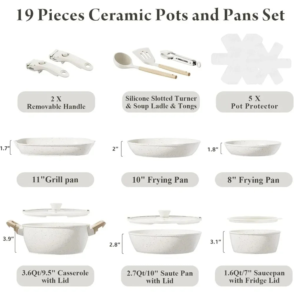 19 Pcs Pots and Pans Set Non Stick Ceramic Cookware Set with Removable Handles, Non Toxic Induction Kitchen Cookware Sets