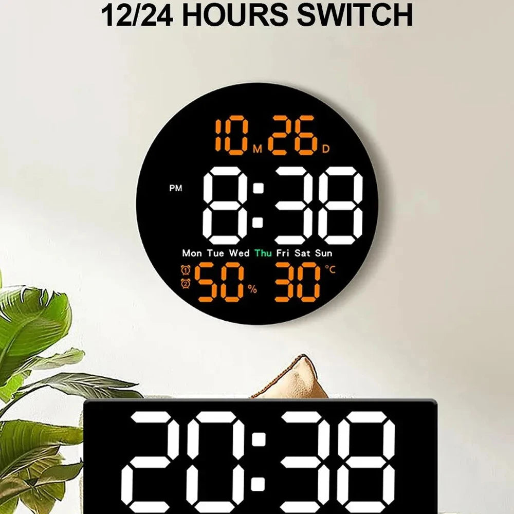 Remote Control LED Wall Clock with Dual Alarms,Calendar and Temperature Display for Home Decoration.Brightness Adjustable