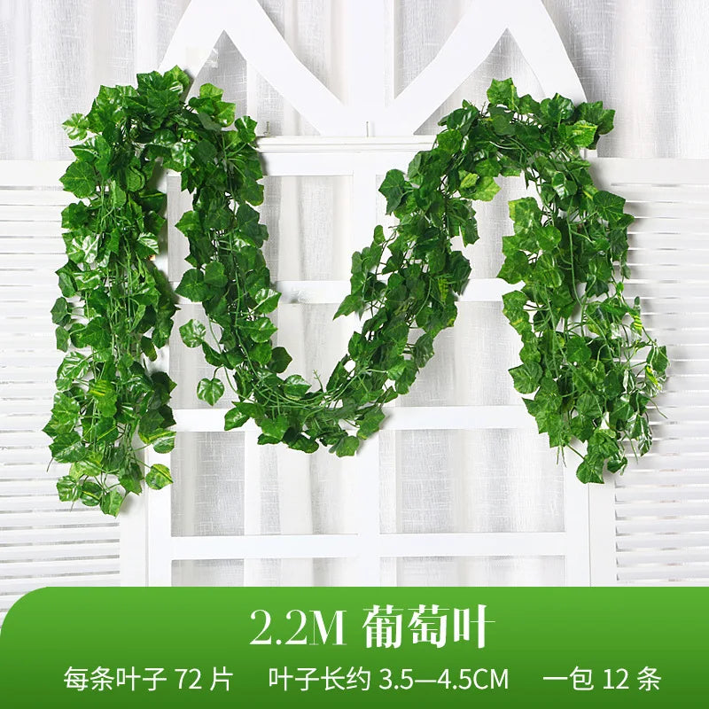 2.2M Artificial Plant Green Ivy Leaf Garland Silk Wall Hanging Vine Home Garden Decoration Wedding Party DIY Fake Wreath Leaves