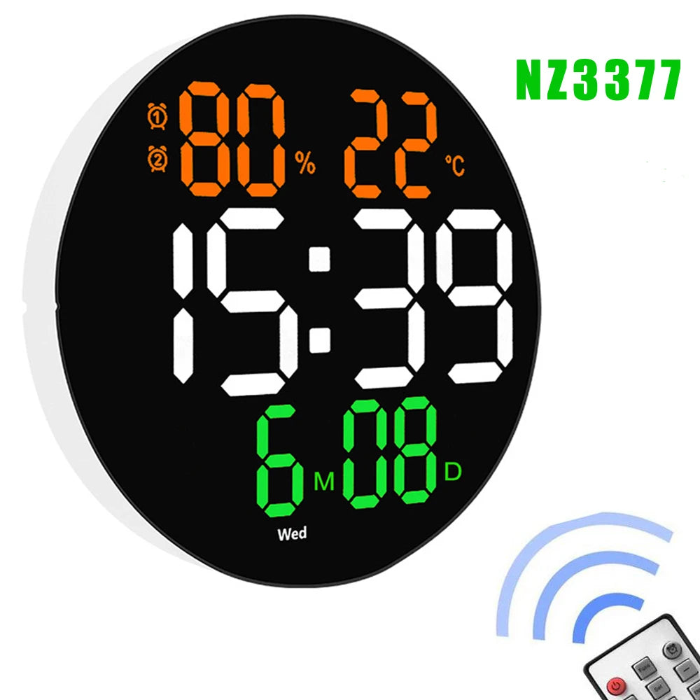 Remote Control LED Wall Clock with Dual Alarms,Calendar and Temperature Display for Home Decoration.Brightness Adjustable